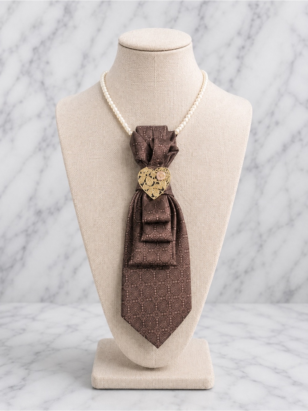Necktie Necklace | Vintage Tie | Pearl Strand | Heart Brooch |One-Of-A-Kind - Picture 1 of 4